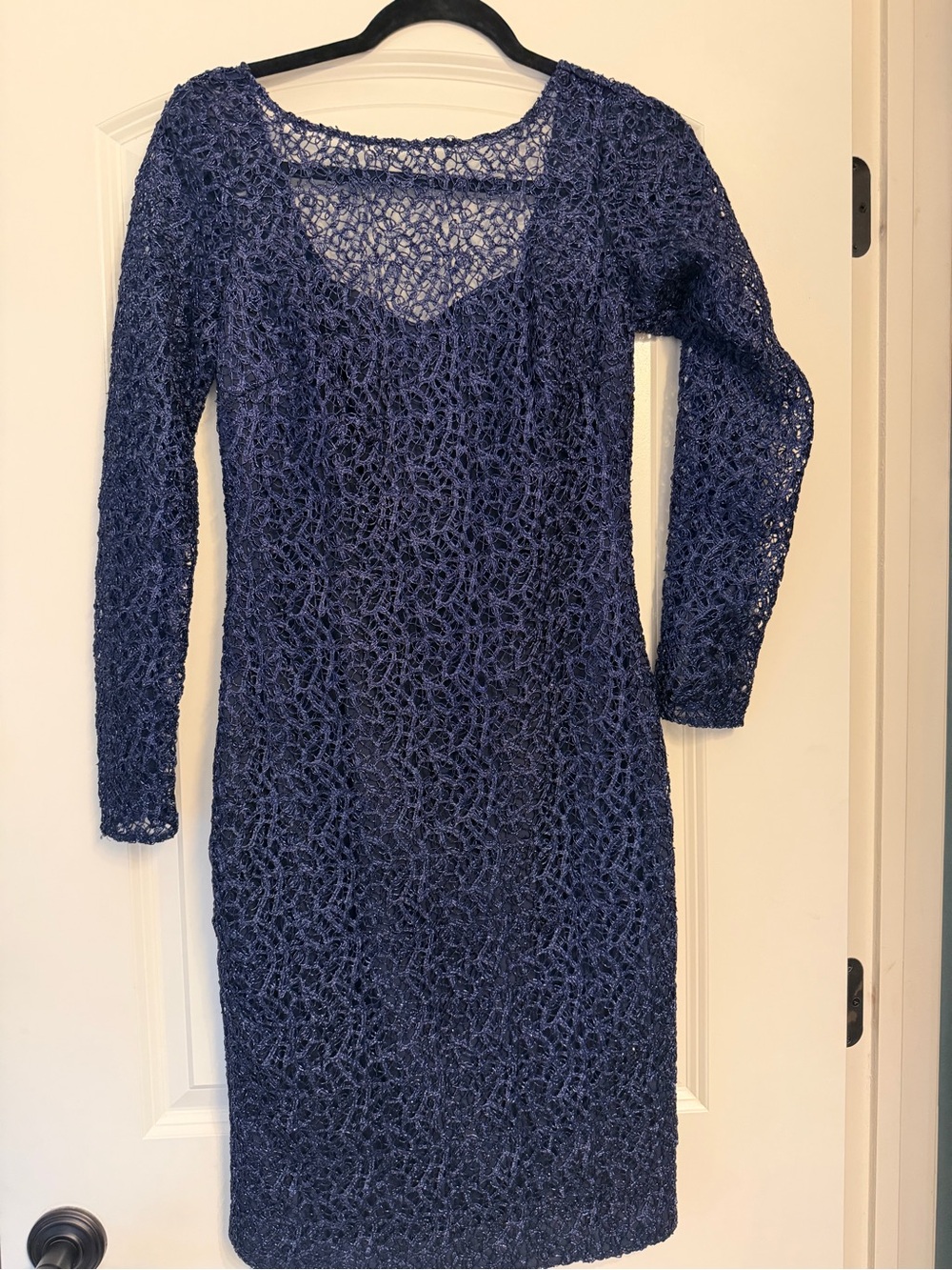 Badgley Mischka Navy Open-Knit Long Sleeve Sheath Dress